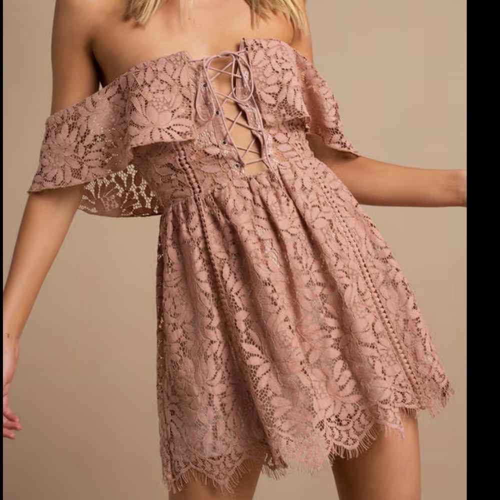 TOBI Kinsley Rose blush Lace up Ruffle off‎ the shoulder skater dress Sz M